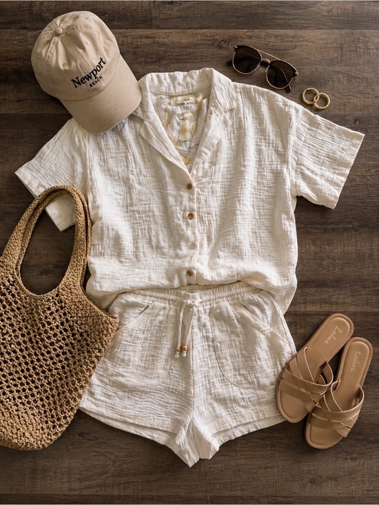 Love Notes Other - Love Notes Cream Short-Sleeve Button Front Swim Coverup Set